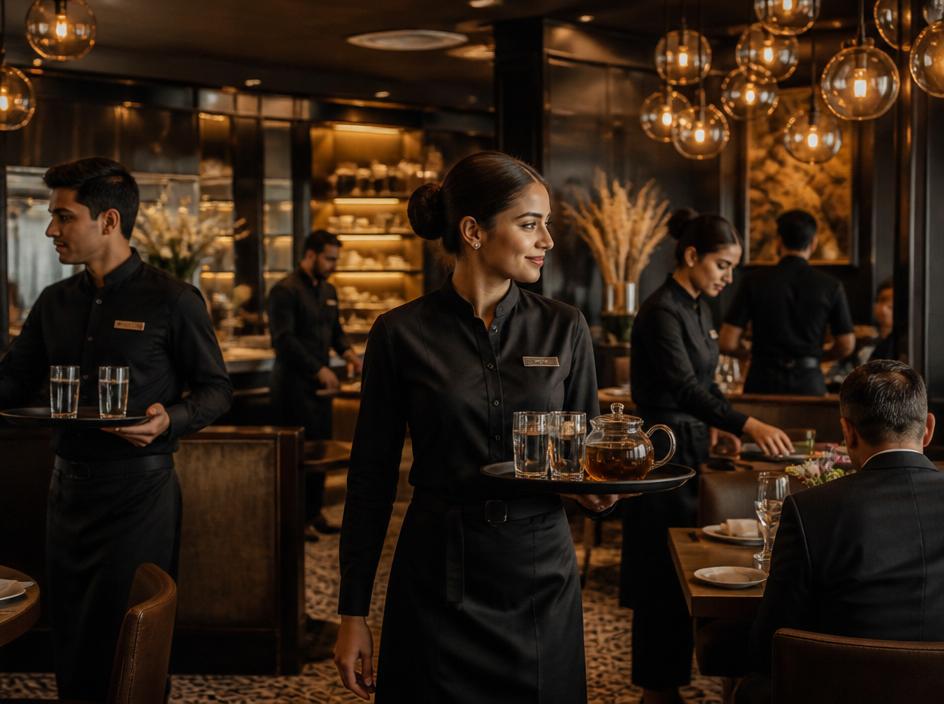 Professional restaurant team working efficiently